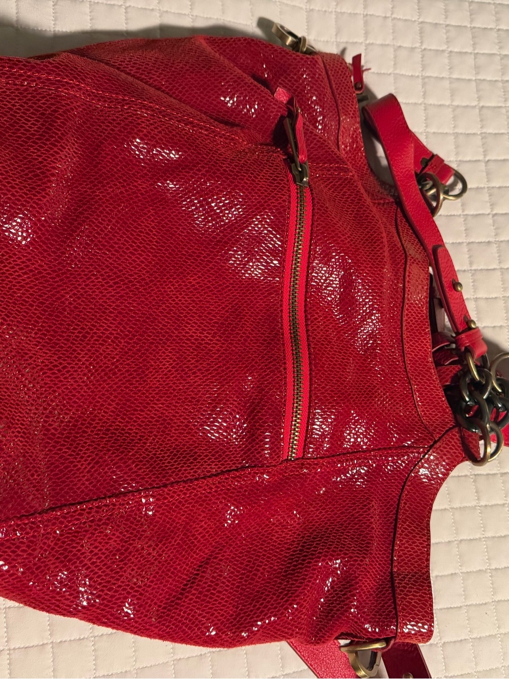 Red Textured Patent Shoulder Bag